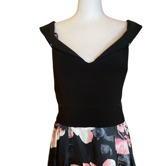 Xscape Off Shoulder Gown Black Pink Illusion Floral Print A Line Womens Size 22 - Picture 3 of 12